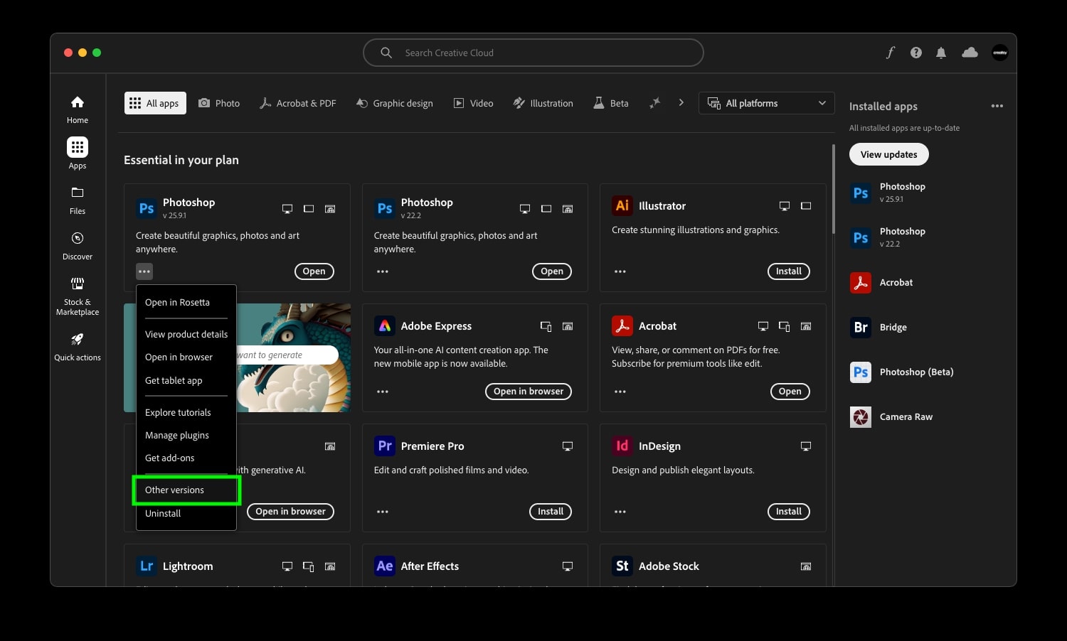 Creative Cloud dropdown menu showing Other versions option to install previous Photoshop versions